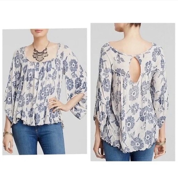 Free People Grey and Blue Floral Peasant Boho Top, MEDIUM, used good condition - Picture 2 of 6